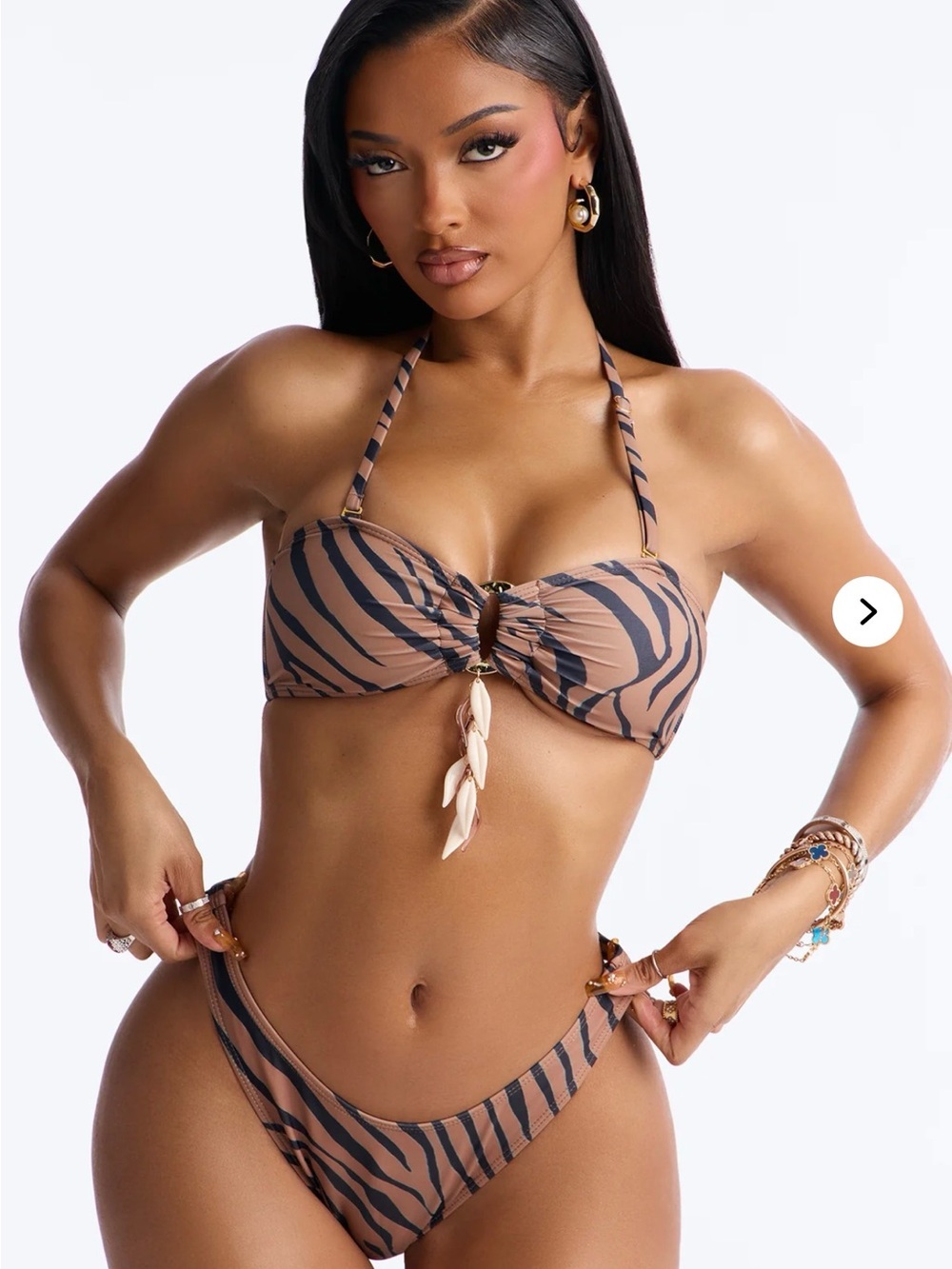 Striped Bandeau Bikini Set in Taupe and Black - Women Swim